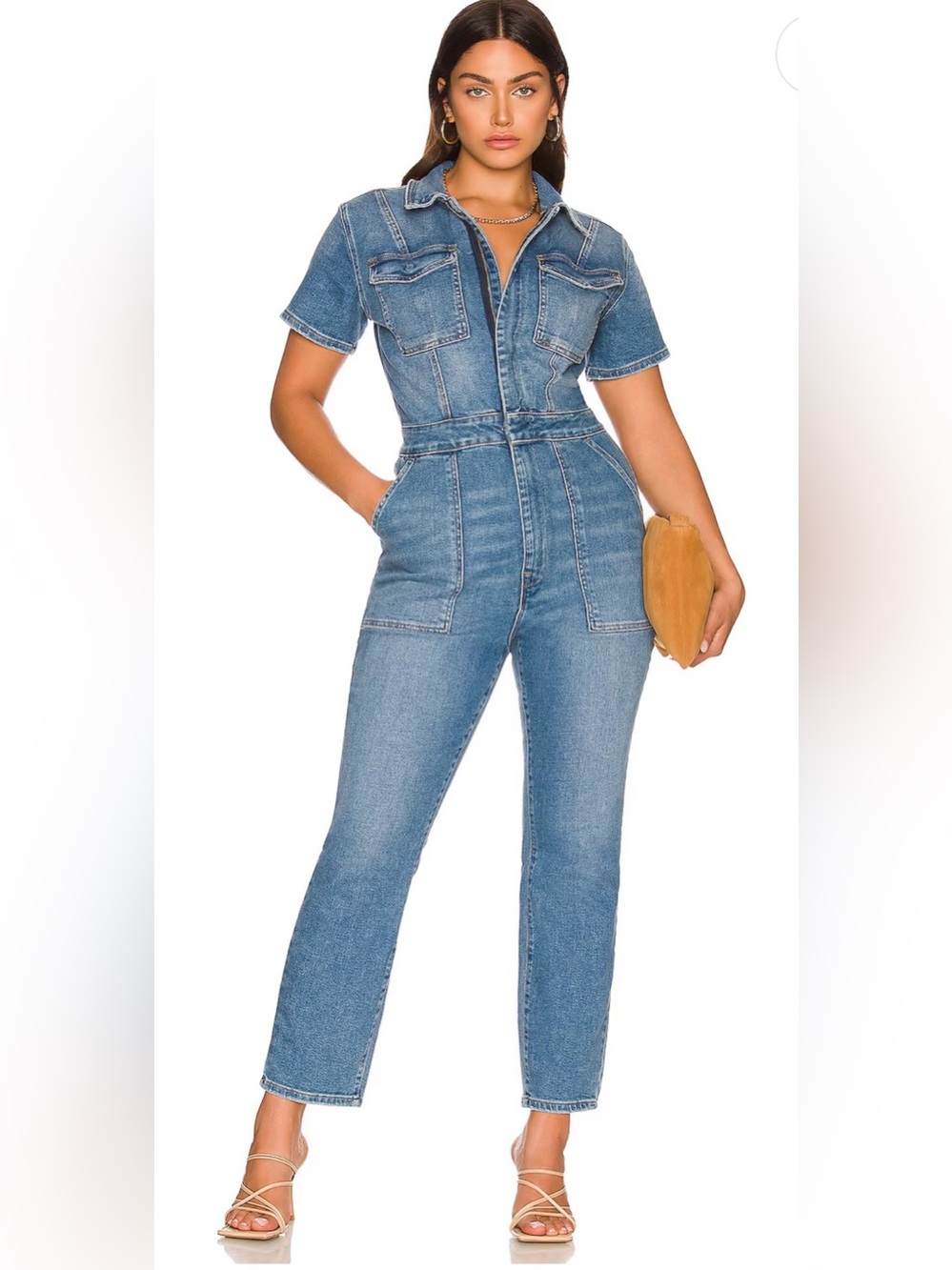 GOOD AMERICAN NWT 
Denim Short-Sleeve Jumpsuit - Light Blues